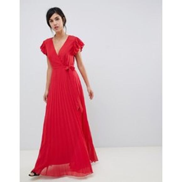 NWT ASOS DESIGN Flutter Sleeve Pleated Textured Chiffon Maxi Dress Red Womens 0 - Picture 1 of 6